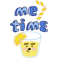 a cartoon illustration of a glass of lemonade with a face and the words " me time "