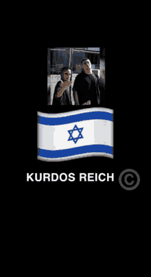 a picture of two men and a flag that says kurdos reich on it