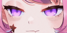 a close up of a girl 's eyes with purple eyes and a star on her cheek .