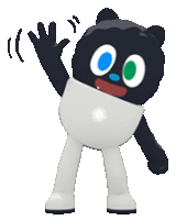 a black and white cartoon character with green eyes is waving his hand