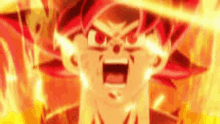 a close up of a cartoon character with red hair and fire coming out of his eyes .