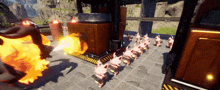 a bunch of pigs standing in front of a building with flames coming out of it