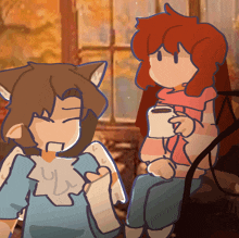 a cartoon drawing of two girls sitting next to each other with one holding a cup of coffee