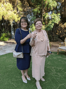 two women toasting with champagne glasses in a garden