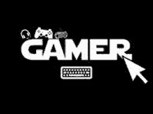 a black and white logo for a gamer with a keyboard and headphones .