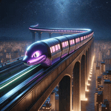 a purple train is going over a bridge with buildings in the background