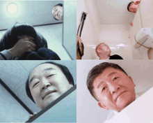 a collage of four pictures shows a man looking up at the ceiling