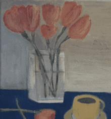 a painting of flowers in a vase next to a cup