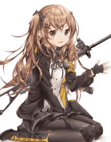 a girl with long brown hair is kneeling down with a gun in her hand