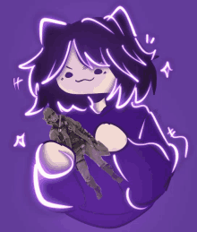 a drawing of a person holding a gun with a purple background and a few stars