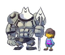 a drawing of a girl standing next to a giant robot with a spear