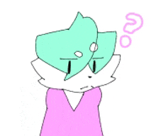 a cartoon drawing of a cat with a green head and a pink shirt