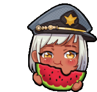 a cartoon of a girl wearing a hat eating a slice of watermelon