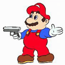 a cartoon drawing of mario holding a gun .