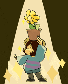 a cartoon of a person holding a potted plant with a flower in it