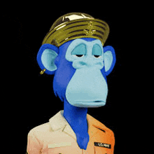 a blue monkey wearing a gold hat and a pink shirt