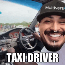 a man wearing a multiverse hat is driving a car and smiling