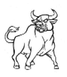 a black and white drawing of a bull with horns standing on its hind legs on a white background .