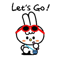 a cartoon rabbit wearing red sunglasses and holding a bottle of water says let 's go !