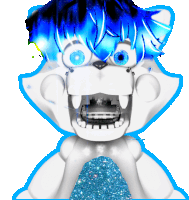 a cartoon character with blue hair and braces on its teeth