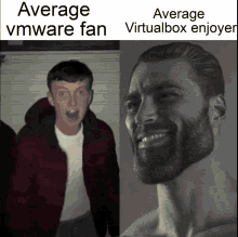 average vmware fan and average virtualbox enjoyer are shown on a meme