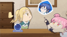 a girl pointing at a picture of a boy in a blue bubble