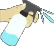 a hand is holding a spray bottle with water spraying out of it on a white background .