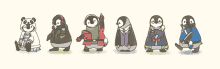 a group of penguins are dressed in different clothes