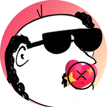 a cartoon drawing of a man wearing sunglasses and a bubble gum with a x on it