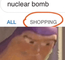 a picture of buzz lightyear with the words nuclear bomb all shopping above him