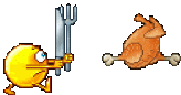 a pixel art of a duck holding a fork and a turkey holding a knife .