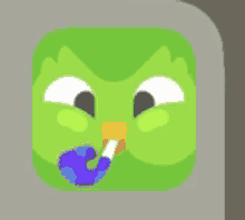 a green cartoon owl with a purple pipe in its beak .