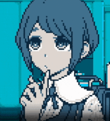 a pixel art of a girl with blue hair and a white shirt