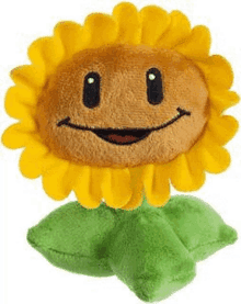 a stuffed sunflower from plants vs zombies with a smiling face and green leaves .