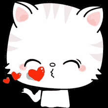 a white cat with two red hearts in its eyes is making a kiss .