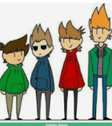 a group of cartoon characters are standing next to each other .