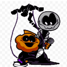 a pixel art drawing of a pumpkin and a skeleton holding a microphone .