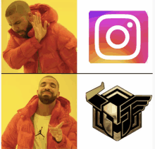 a man in a red jacket is next to an instagram logo and a cube