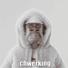 a monkey wearing a fur coat and hat has the word chwerking on the bottom right