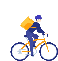 a man is riding a bicycle with a yellow bag on his back