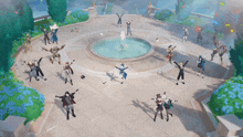 a group of people are dancing around a fountain in a video game