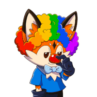 a cartoon of a fox wearing a clown wig and a bow tie