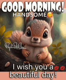 a picture of a squirrel with the words good morning handsome