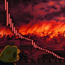 a cartoon of a frog looking at a burning city with a stock chart in the foreground