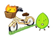 a drawing of a bicycle with a basket full of fire and a green leaf with arms and legs