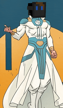 a cartoon of a man in a white and blue costume