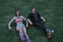 a man and a woman are laying on the grass and the woman has a pentagram on her top