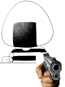 a hand is holding a gun in front of a cartoon character with a striped shirt .