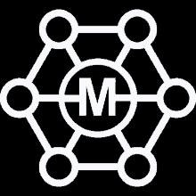 a white icon of a circle with a letter m in the middle surrounded by circles .