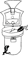 a black and white drawing of a toilet with a silhouette of a person standing in front of it